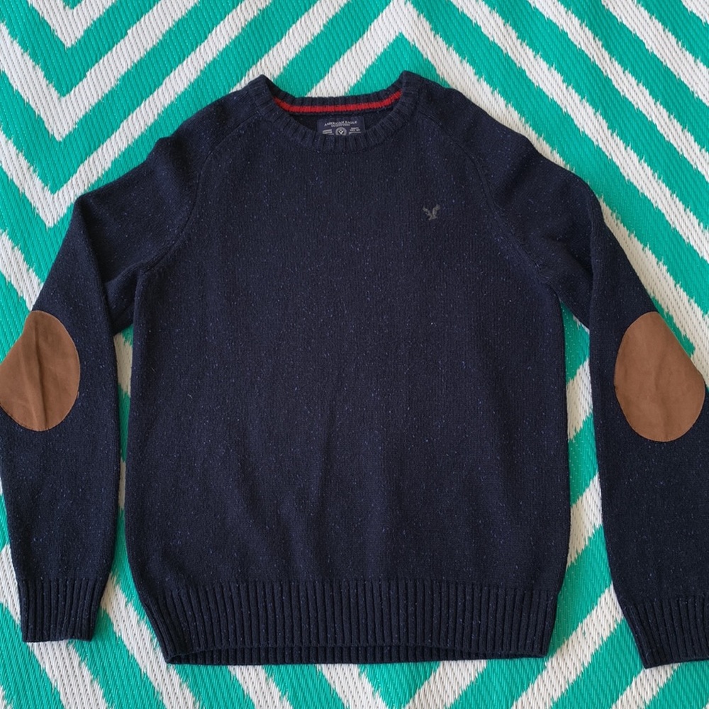 American Eagle Outfitters Navy Crewneck Sweater with Brown Elbow Patches